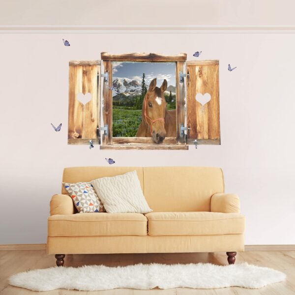 3D Wandtattoo Fenster mit Herz und Pferd Bergblick Wiesenpfad