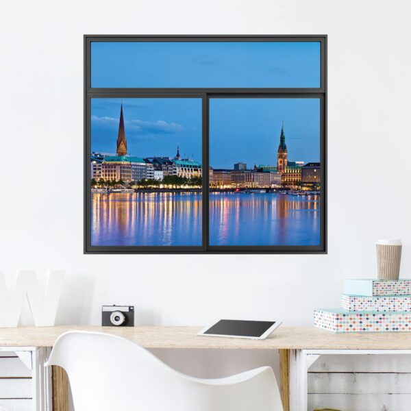 3D Wandtattoo Fenster Schwarz Hamburg Skyline