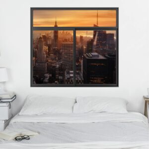 3D Wandtattoo Fenster Schwarz Manhattan Skyline Abendstimmung