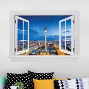 3D Wandtattoo Offenes Fenster Berlin Skyline bei Nacht mit Fernsehturm