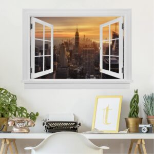 3D Wandtattoo Offenes Fenster Manhattan Skyline Abendstimmung