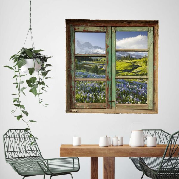 3D Wandtattoo Fensterblick Bergwiese mit Blumen vor Mt. Rainier